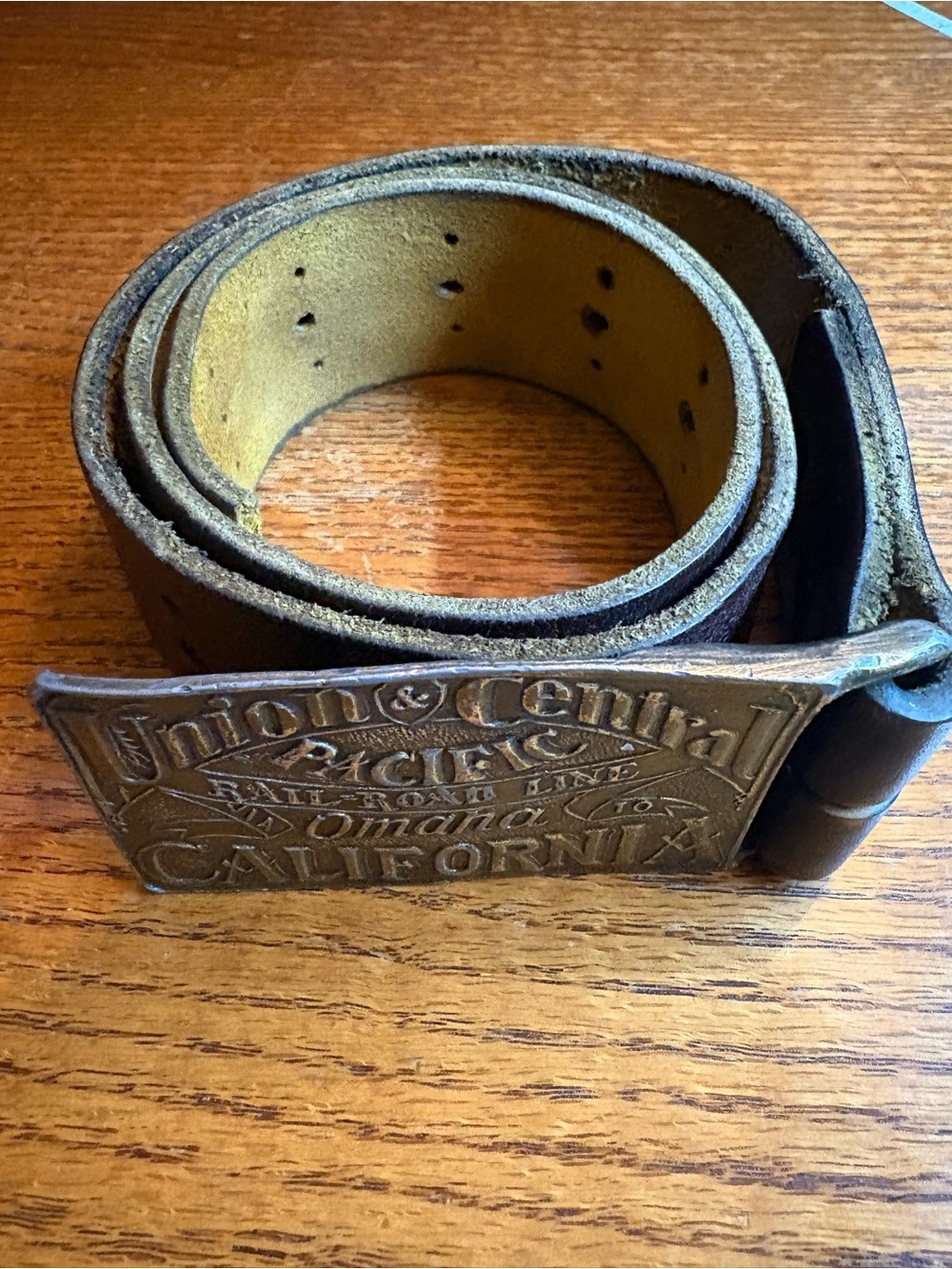 Vintage Brown Leather Belt with Brass-Tone Embossed Buckle